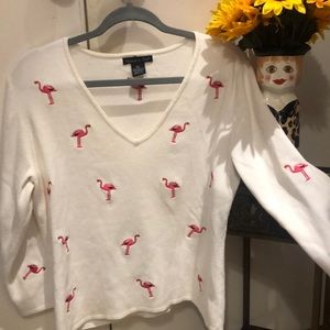 Cotton flamingo, V-neck sweater, loaded w Embroidered flamingos front and back!